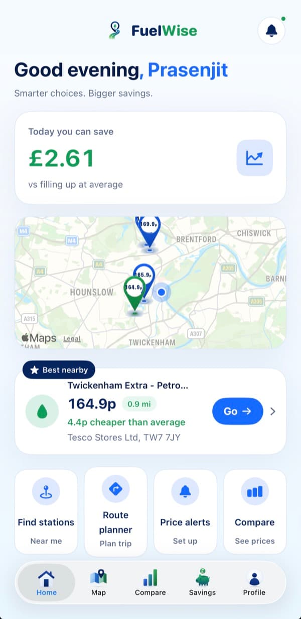 FuelWise iPhone home screen: today's savings and the cheapest station nearby